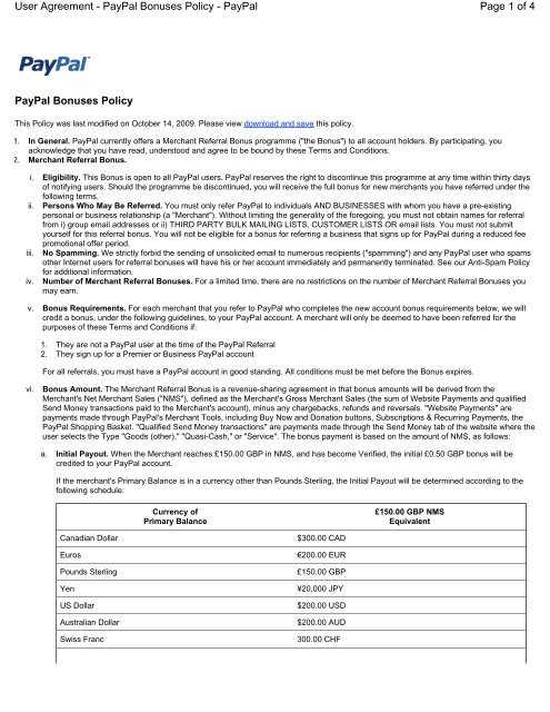 Page 1 of 4 User Agreement - PayPal Bonuses Policy - PayPal