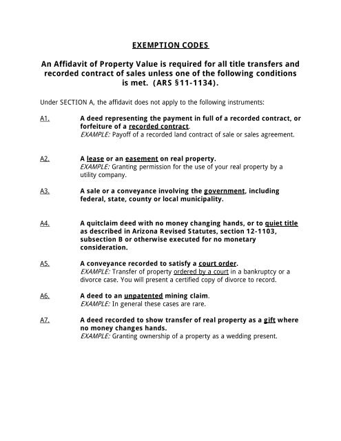 EXPLANATION OF EXEMPTION CODES - Navajo County