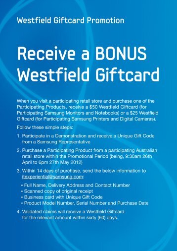 Receive a BONUS Westfield Giftcard