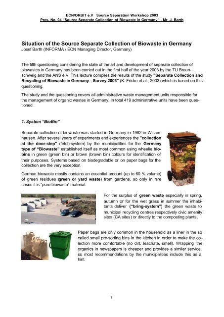 Situation of the Source Separate Collection of Biowaste in Germany