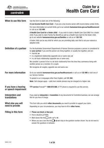 Claim for a Health Care Card form - Department of Human Services