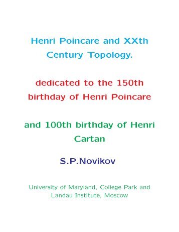 Henri Poincare and XXth Century Topology. dedicated to the 150th ...