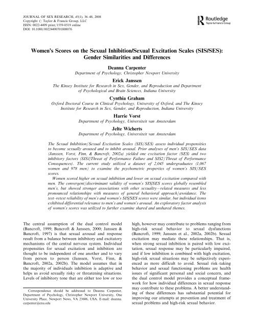 Women's Scores on the Sexual Inhibition/Sexual Excitation Scales ...