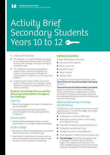 SECONDARY Years 10 to 12 Category Activity Brief - the Packaging ...