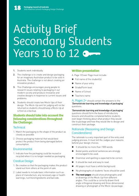 SECONDARY Years 10 to 12 Category Activity Brief - the Packaging ...