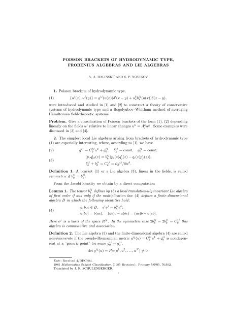 Poisson brackets of hydrodynamic type, Frobenius algebras and Lie ...