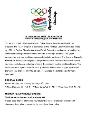 2010 H.C.O.S OLYMPIC READ-A-THON ** Parent Letter/Program ...