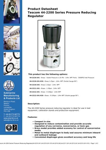 Tescom 44-2200 Series Pressure Reducing Regulator