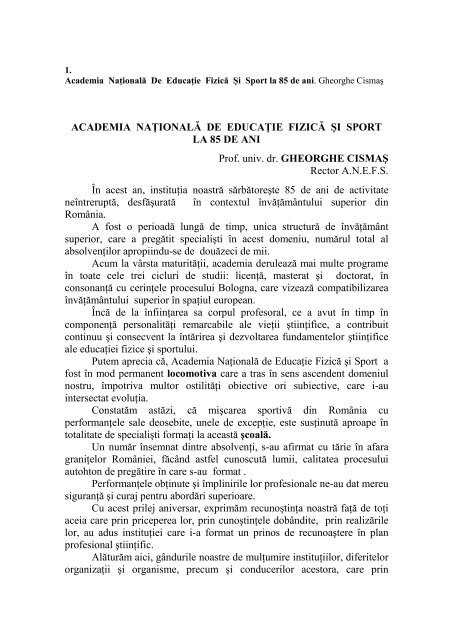 Academia Nationala De Educatie Fizica Si Sport La 85 De Ani