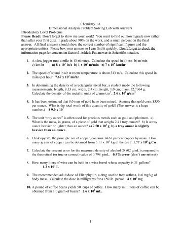 1 Chemistry 1A Dimensional Analysis Problem Solving Lab with ...