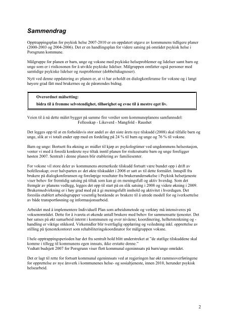 Opptrappingsplan for psykisk helse 2007-2010 - Porsgrunn Kommune