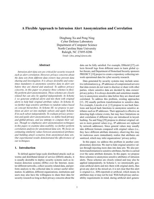 A Flexible Approach to Intrusion Alert Anonymization and Correlation