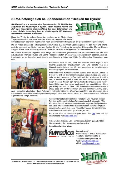 SEMA beteiligt sich bei Spendenaktion "Decken fÃ¼r Syrien"