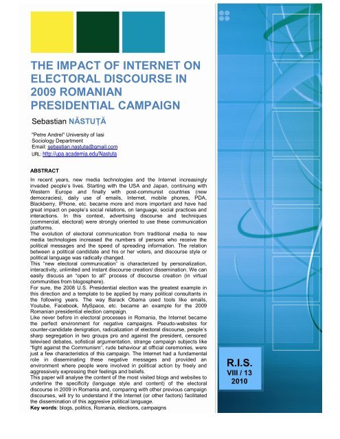 No 13 - Journal of Social Informatics / Revista de Informatica Sociala