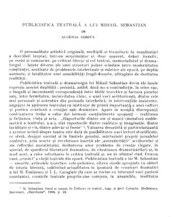 ALGERIA SIMOTA, Publicistica teatralÄ a lui Mihail Sebastian - alil.ro