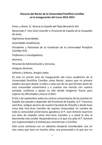 Discurso del Rector de la Universidad Pontificia Comillas en la ...