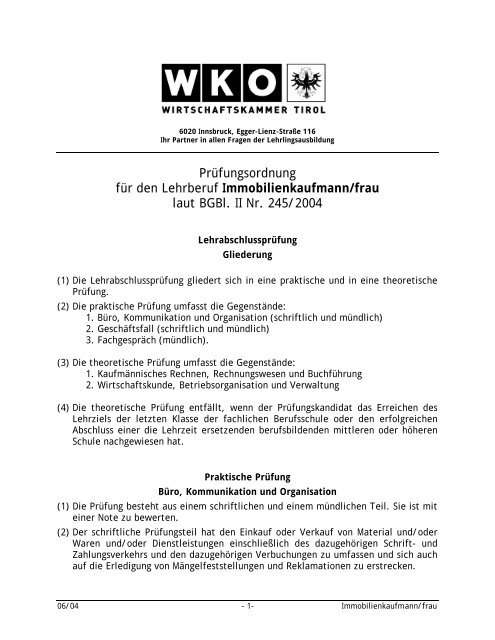 Prüfungsordnung Für Den Lehrberuf Immobilienkaufmannfrau - 