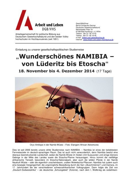 „Wunderschönes NAMIBIA – von Lüderitz bis Etoscha“ - Vhs Bad ...