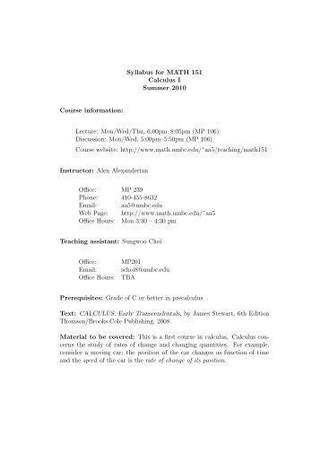 Syllabus for MATH 151 Calculus I Summer 2010 Course ... - UMBC