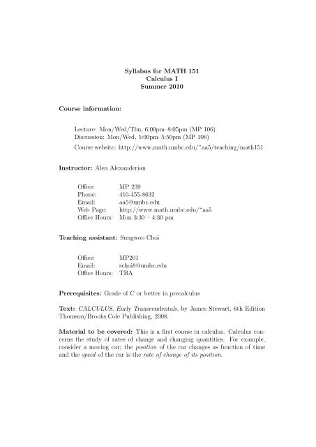 Syllabus for MATH 151 Calculus I Summer 2010 Course ... - UMBC