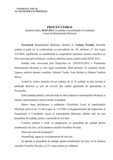 Proces Verbal Sedinta Extraordinara Din 06 PrimaÆ'ria MoineaÃ¿ti