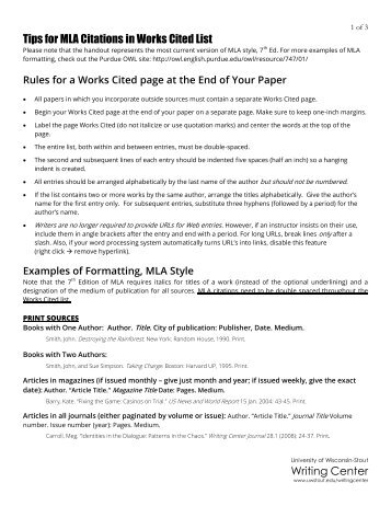 Examples of Formatting Continued, MLA style - University of ...