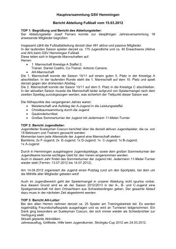 Hauptversammlung GSV Hemmingen Bericht Abteilung Fußball vom ...
