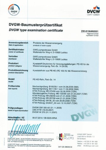 DVGW-Baumusterprüfzertifikat AN2001 - GWE German Water and ...