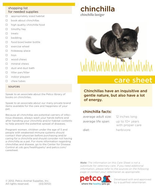 Chinchilla Care Sheet (PDF) - Petco