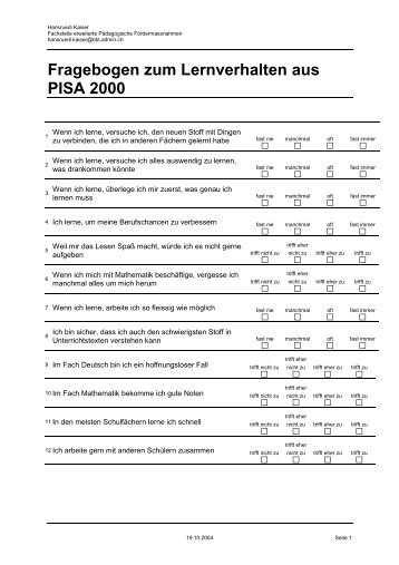 Fragebogen zum Lernverhalten aus PISA 2000 - Hansruedi Kaiser