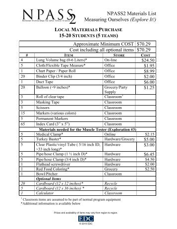 NPASS2 Materials List Measuring Ourselves (Explore It!)