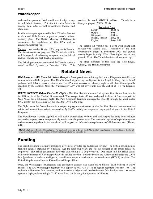 The Market for UAV Reconnaissance Systems - Forecast International