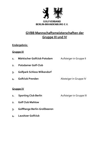 GVBB Mannschaftsmeisterschaften der Gruppe III und IV Endergebnis