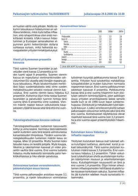 Talousennuste 2006-2007 - Palkansaajien tutkimuslaitos