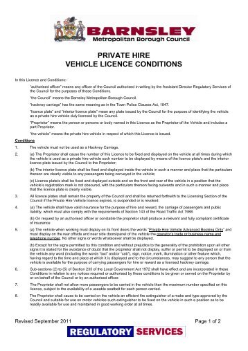 Private Hire Vehicle Licence Conditions - Barnsley Council Online