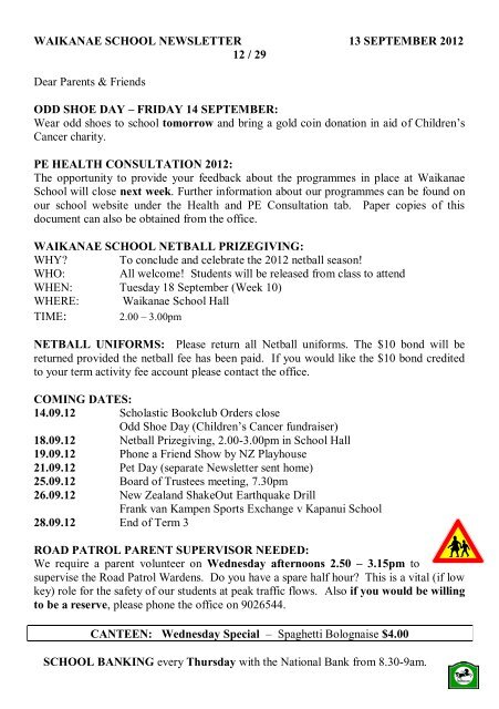 WAIKANAE SCHOOL NEWSLETTER 13 SEPTEMBER 2012 12 / 29 ...