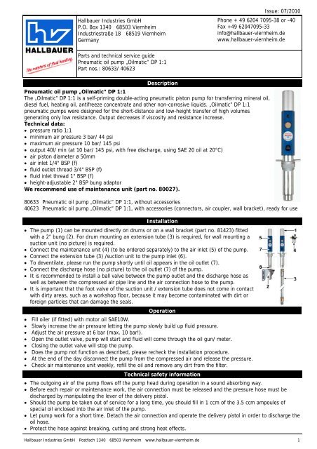 Air-operated oil pump Oilmatic DP 11 - Hallbauer Viernheim