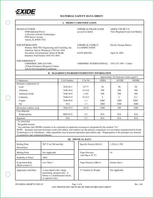 Exide Absolyte IIP V0 MSDS - Battery Web