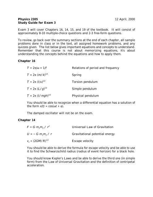 Physics 2305 12 April, 2000 Study Guide for Exam 3 Exam 3 will ...