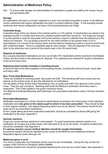 Administration of Medicines Policy - Oswestry School