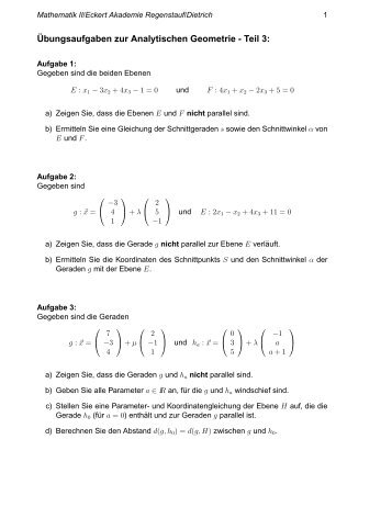 Â¨Ubungsaufgaben zur Analytischen Geometrie - Teil 3: