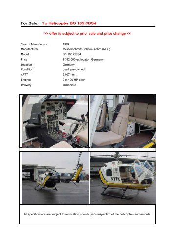 For Sale: 1 x Helicopter BO 105 CBS4 - Oak Tree