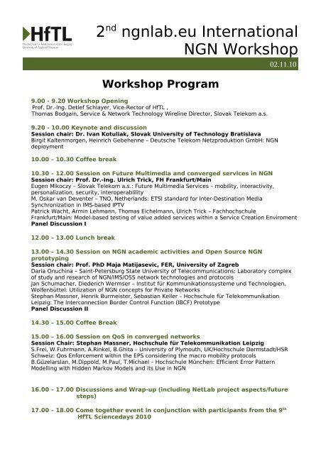 2nd Ngnlab Eu International Ngn Workshop Hochschule Fa R