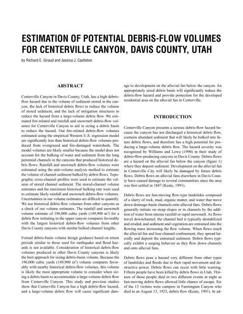 Estimation of potential debris-flow volumes for Centerville Canyon ...