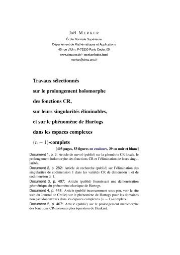 Travaux sÃ©lectionnÃ©s sur le prolongement holomorphe ... - DMA - Ens