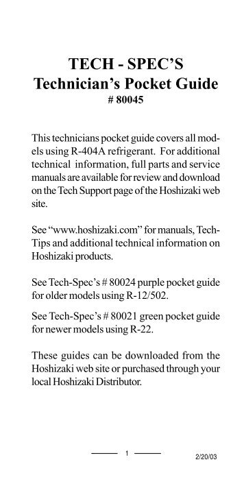 TECH - SPEC'S Technician's Pocket Guide - Hoshizaki America, Inc.