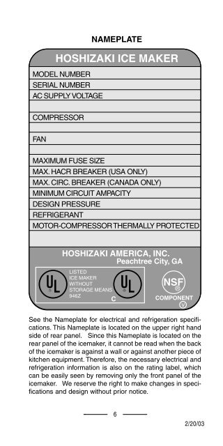 TECH - SPEC'S Technician's Pocket Guide - Hoshizaki America, Inc.