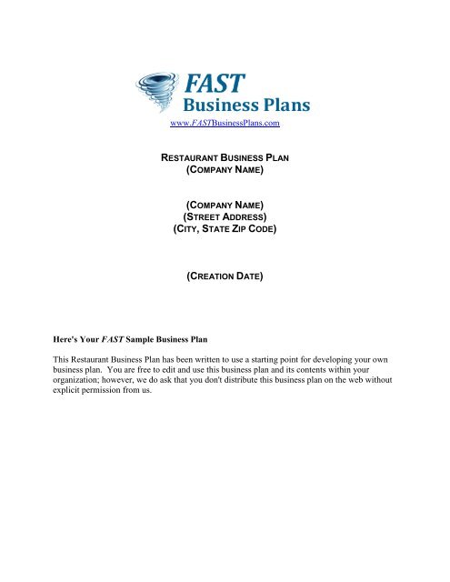 Restaurant Business Plan Template - Fast Business Plans