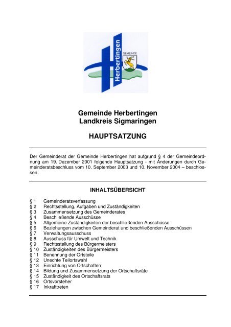 Gemeinde Herbertingen Landkreis Sigmaringen HAUPTSATZUNG