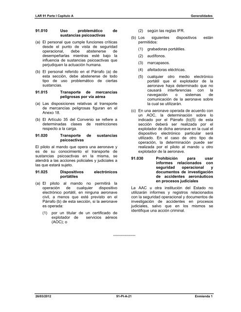 Reglamento AeronÃ¡utico Latinoamericano LAR 91 Reglas ... - ICAO